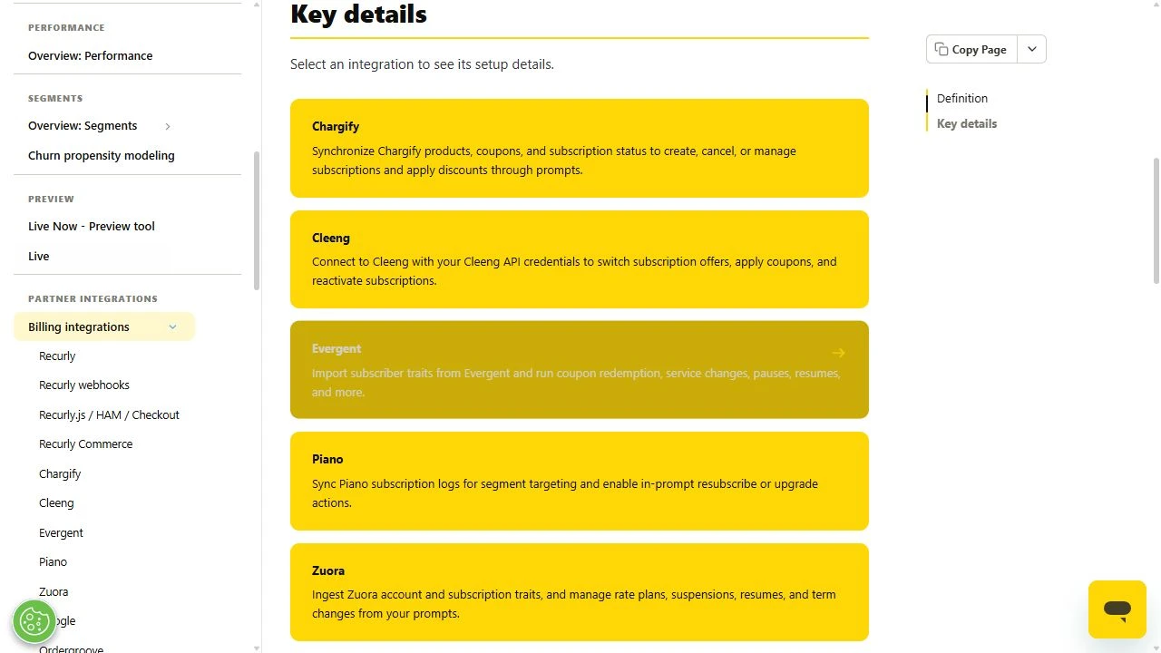Dans le guide des intégrations de facturation, des cartes de navigation jaunes décrivent chaque connecteur et renvoient vers ses instructions de configuration.