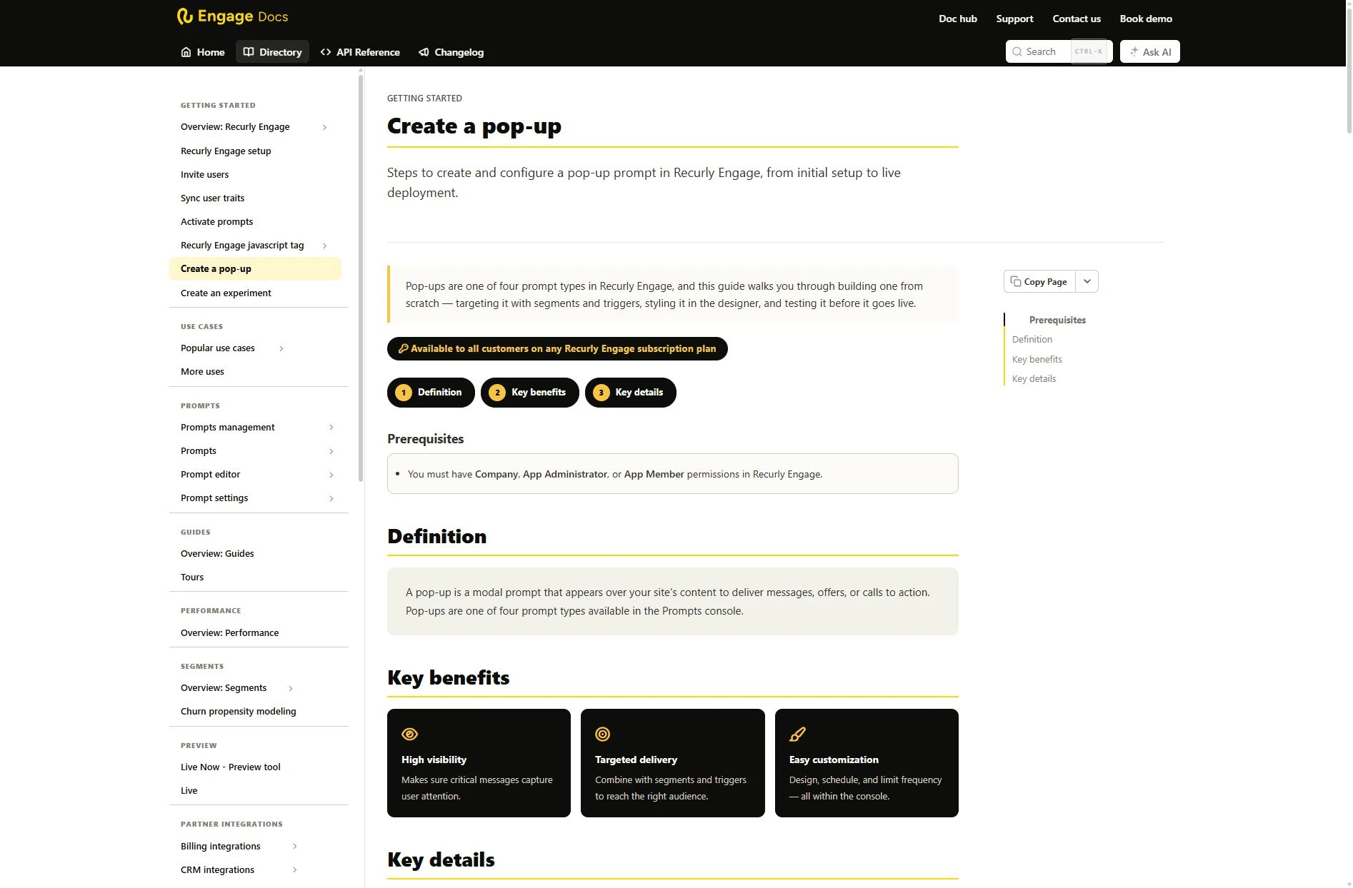 Le guide Create a pop-up de Recurly Engage présente l’aperçu partagé, le forfait, la navigation numérotée, les prérequis et les cartes des avantages.