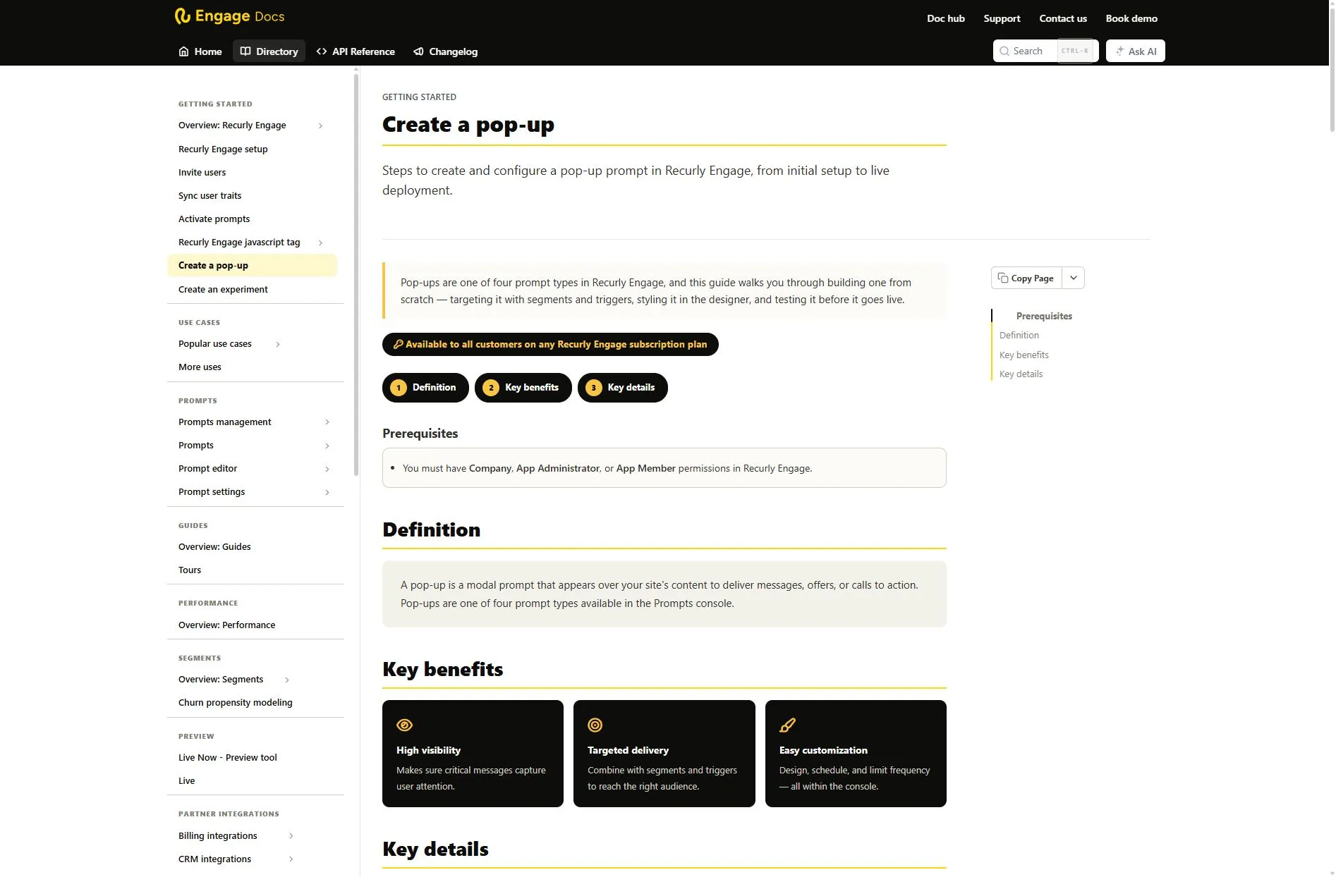 The shared Recurly guide design system: overview, plan availability, numbered section links, prerequisites, and benefit cards.