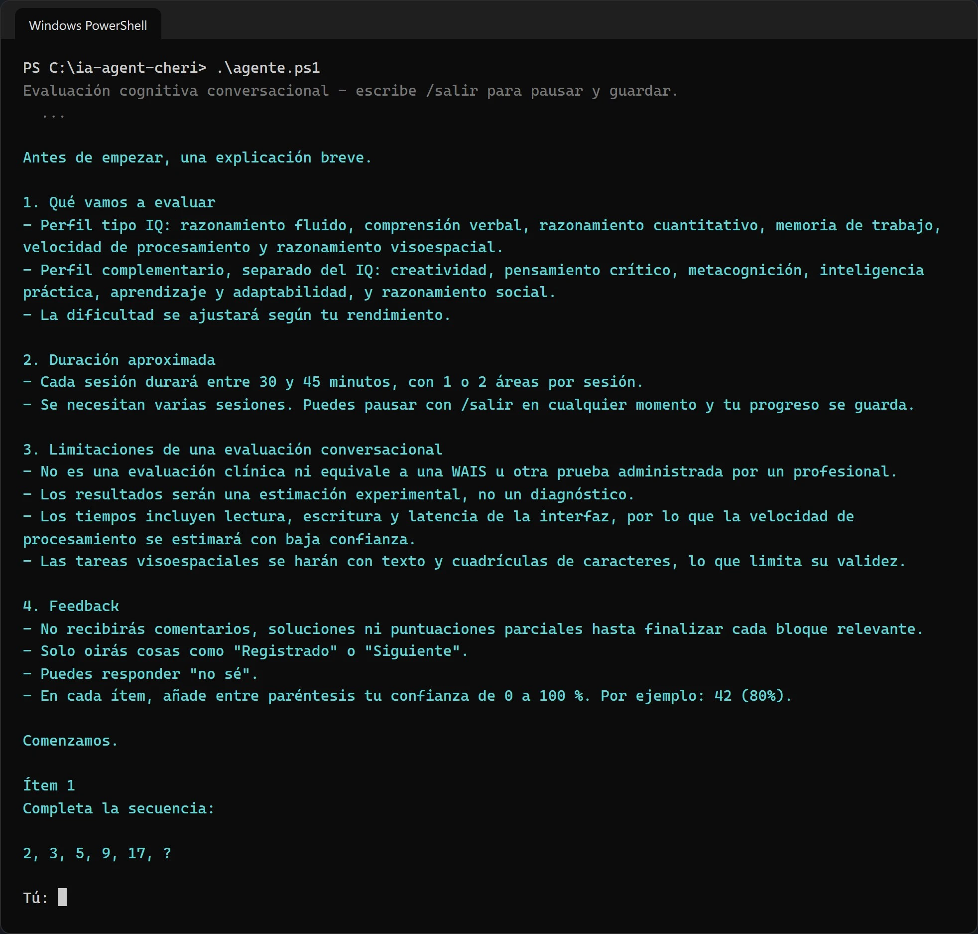 Windows PowerShell running agente.ps1: the evaluator explains the areas, duration, limitations, and feedback rules, then asks the first item, a number sequence.