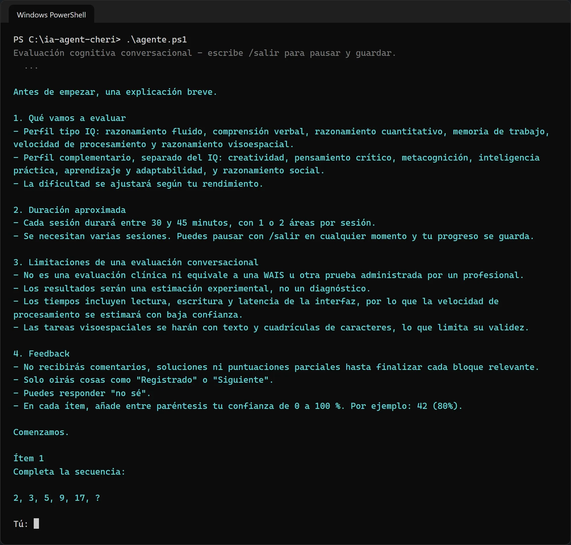 Windows PowerShell ejecutando agente.ps1: el evaluador explica las áreas, la duración, las limitaciones y las reglas de feedback, y luego plantea el primer ítem, una secuencia numérica.