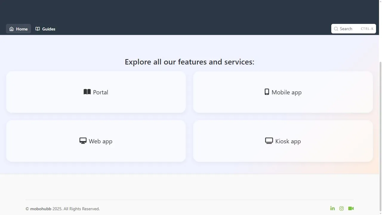 The mobohubb.readme.io landing page: four app cards for Portal, Web App, Mobile App, and Kiosk App.