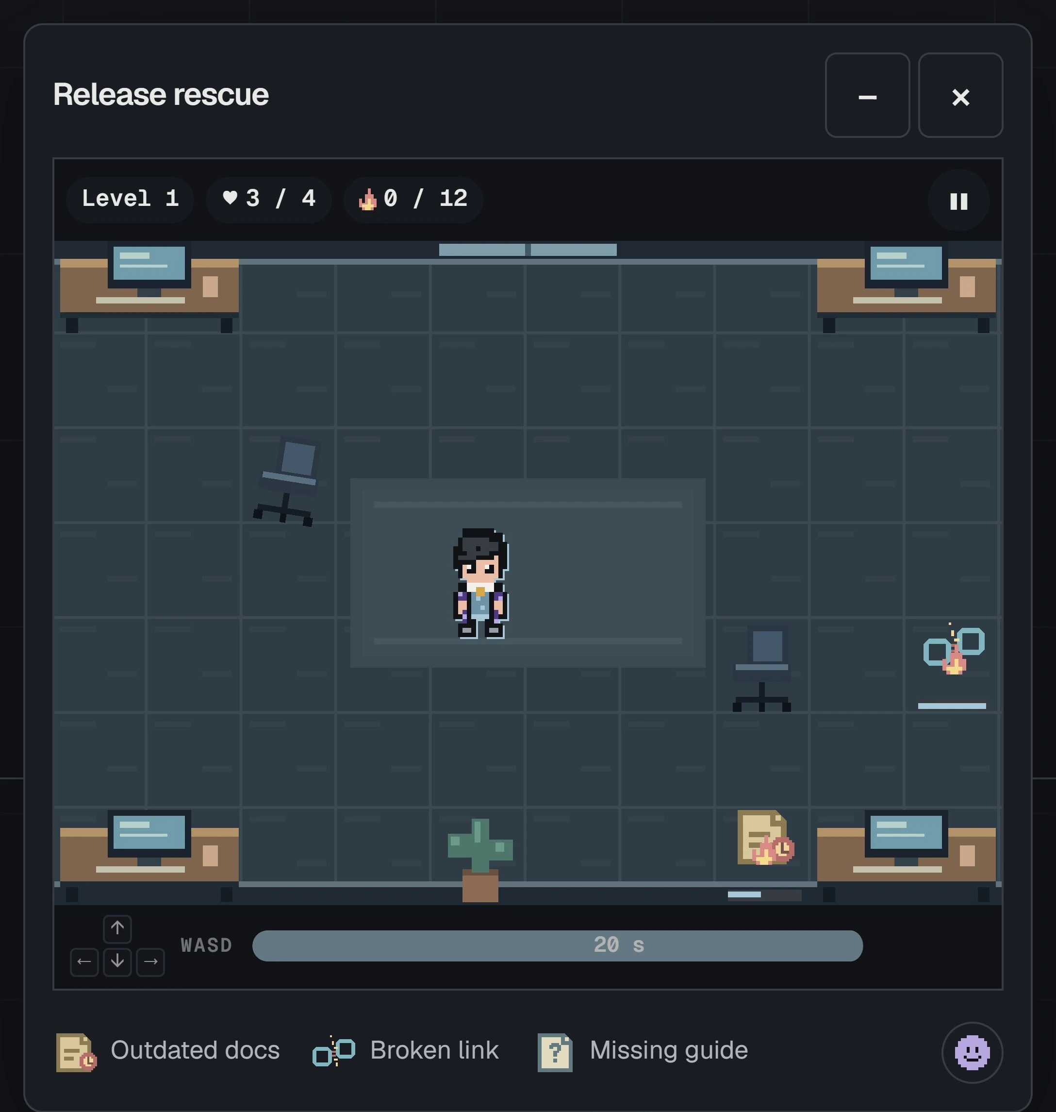 Release rescue, level 1: Arthur stands in an office between desks and chairs while a broken link and an outdated document burn, with three of four lives left and the timer running.