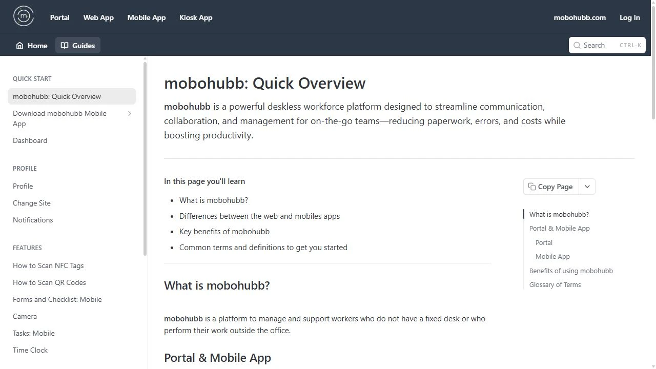 La vista general de la documentación móvil presenta mobohubb, enumera el contenido de la página y muestra navegación orientada a tareas para empleados de campo.