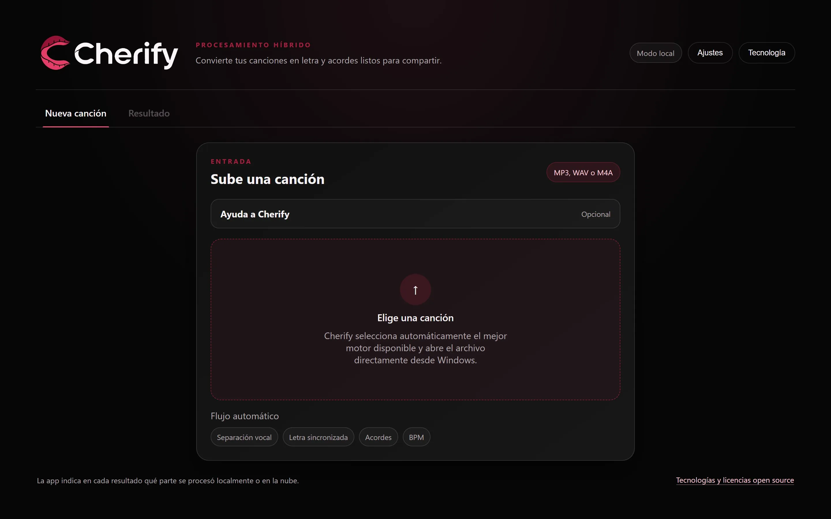 Pestaña Nueva canción de Cherify: una zona para elegir un archivo MP3, WAV o M4A, datos opcionales de la canción y el flujo automático de separación vocal, letra sincronizada, acordes y BPM.