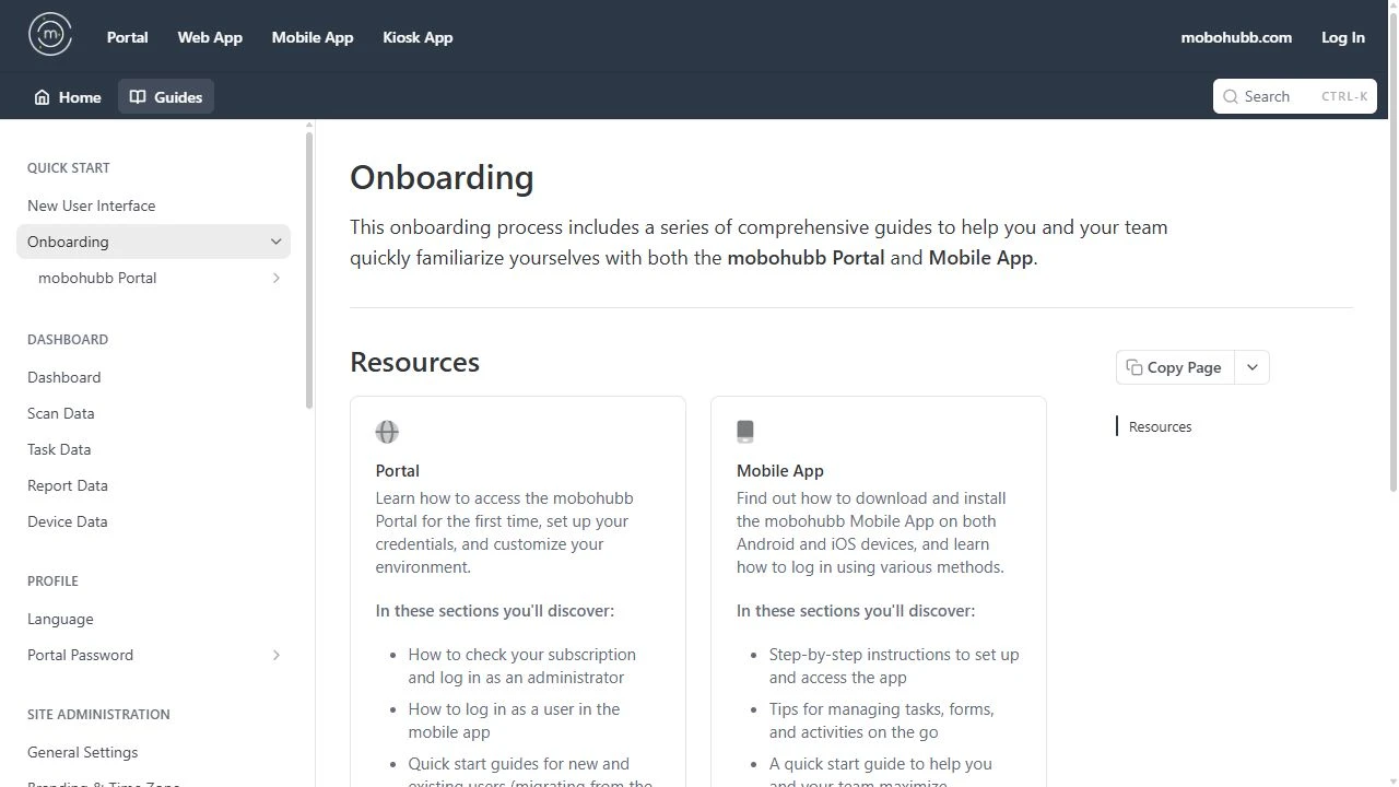 La página de incorporación de Portal muestra el selector de aplicaciones, una barra lateral orientada a tareas y recursos separados para usuarios de Portal y Mobile App.