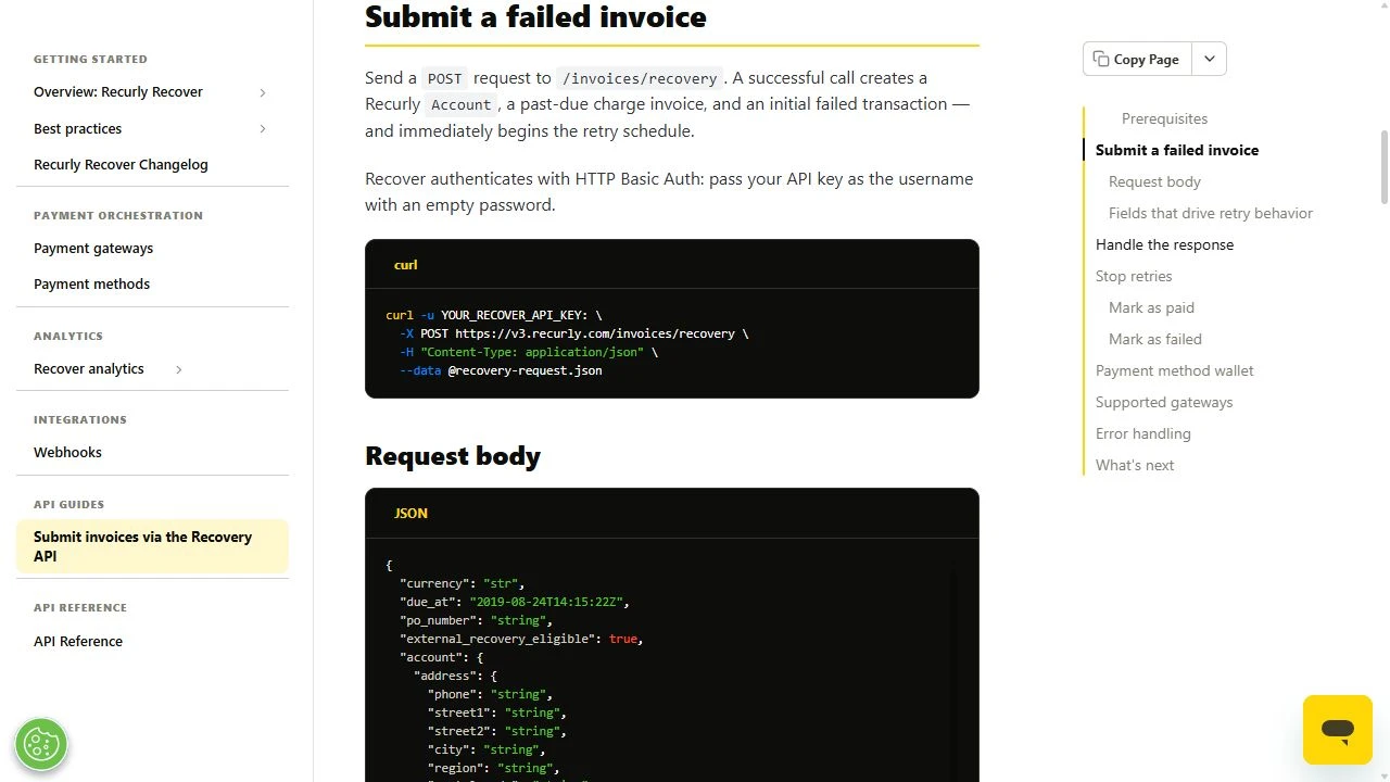 Le guide de la Recovery API montre une requête curl authentifiée et un corps de requête JSON, avec une barre latérale et une navigation par section.