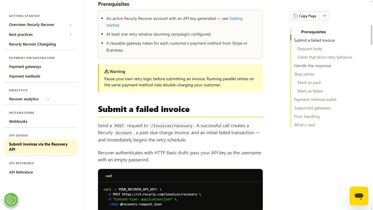 Les prérequis de la Recovery API précèdent un avertissement sur les nouvelles tentatives en parallèle et un exemple de requête curl.