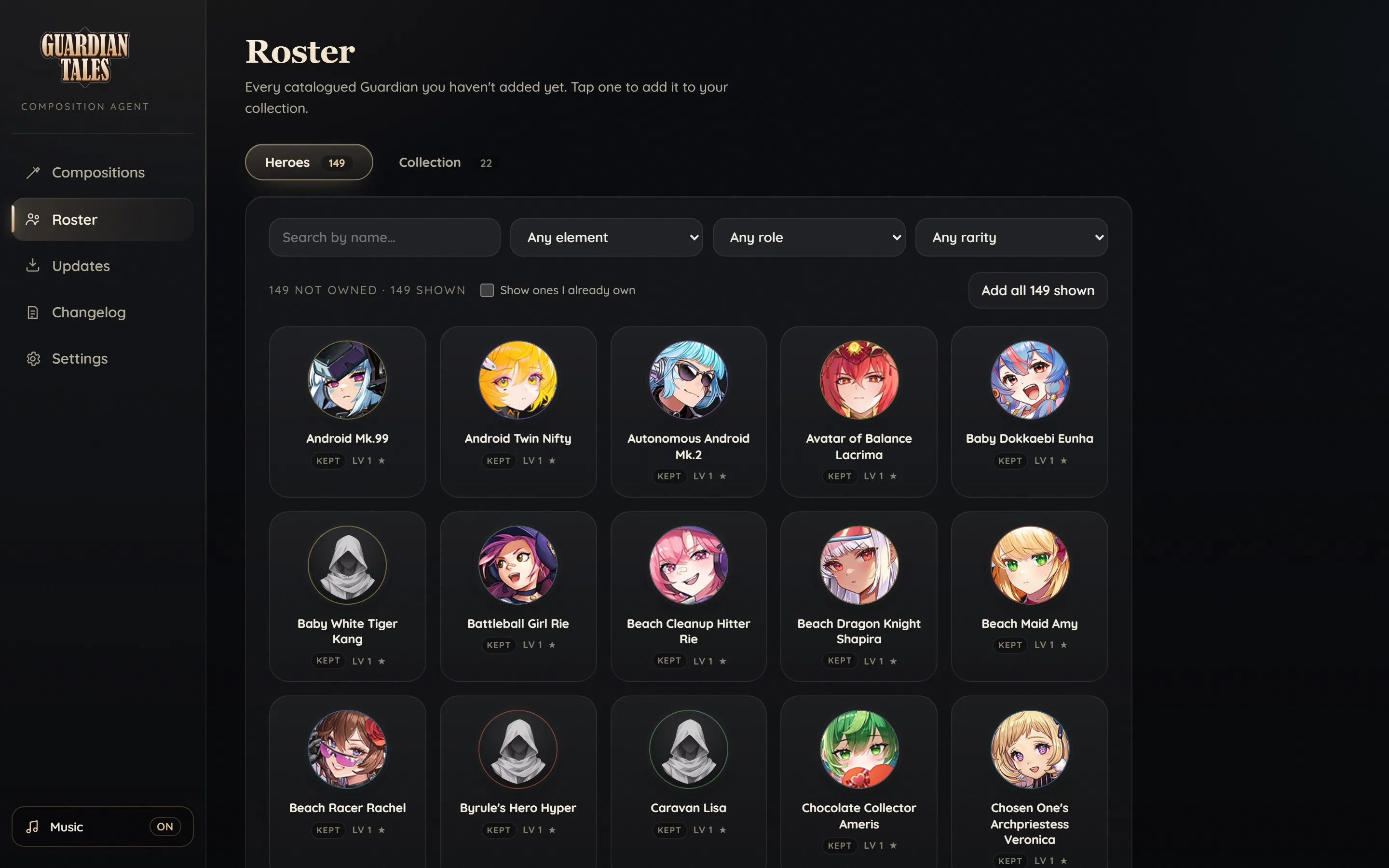 La vista Roster muestra los héroes de Guardian Tales con sus retratos oficiales, filtros por elemento, rol y rareza, y 149 héroes que aún no están en la colección.