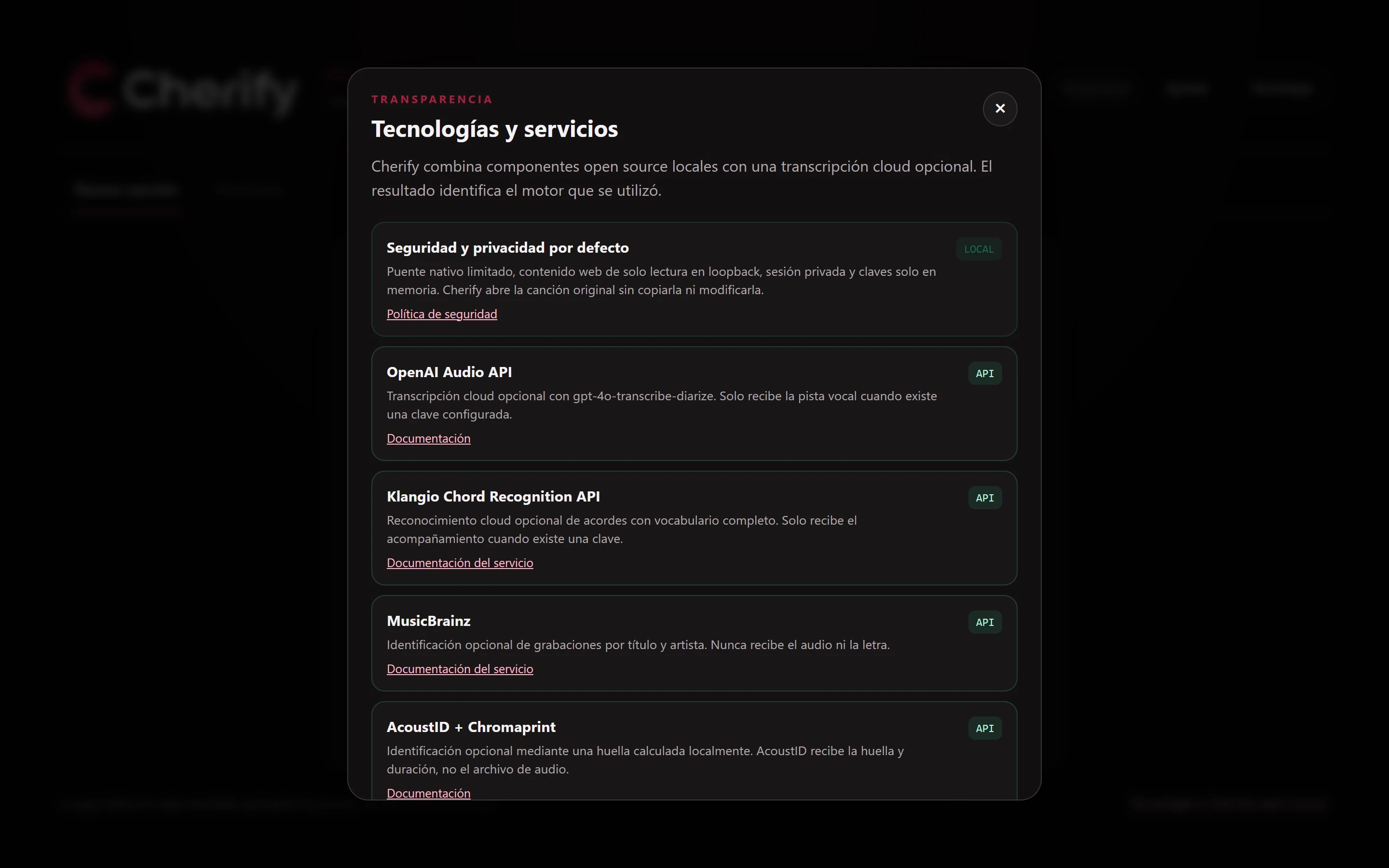 Cherify’s Technologies and services dialog: privacy defaults, then the OpenAI, Klangio, MusicBrainz, and AcoustID services, each with what it receives.